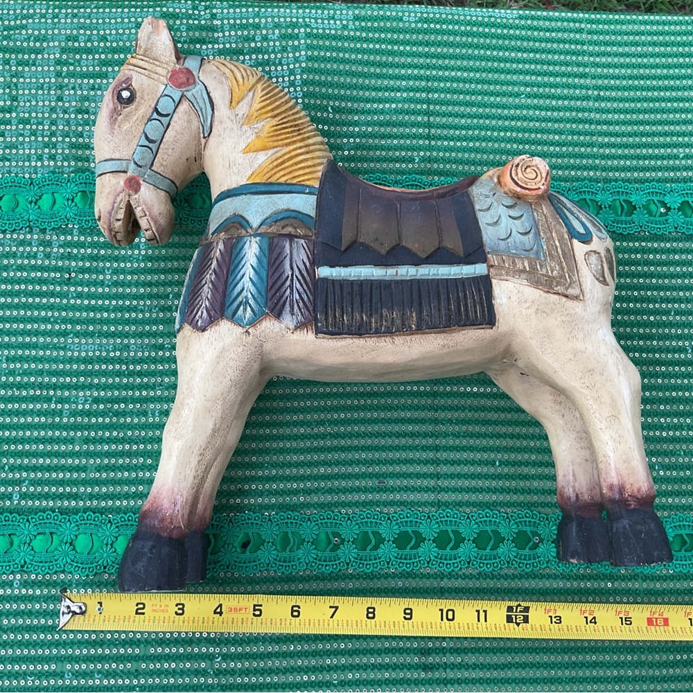 Vintage Artisan Painted Horse Sculpture - Cream and Blue